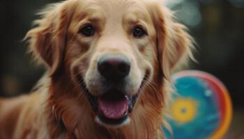 uma brincalhão jovem dourado retriever sentado ao ar livre, sorridente às Câmera generativo ai foto