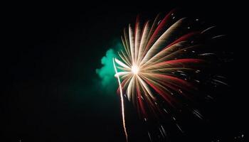 fogo de artifício exibição acendendo vibrante cores, iluminador Sombrio noite céu generativo ai foto