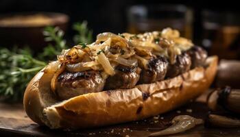 grelhado gourmet carne sanduíche com fresco legumes e caseiro molho generativo ai foto