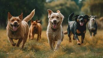 uma brincalhão terrier cachorro corre através a Prado com felicidade generativo ai foto