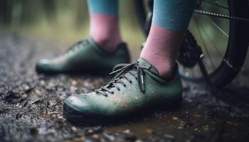 uma turvar caminhada bota em uma molhado trilha dentro outono chuva generativo ai foto