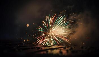 explosivo fogo de artifício exibição inflama vibrante celebração em verão noite generativo ai foto