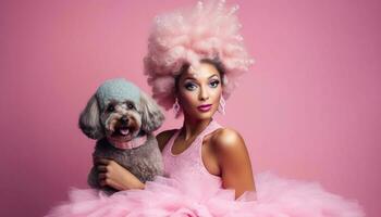 fofa cachorro e mulheres dentro Rosa traje compartilhar brincalhão amor generativo ai foto