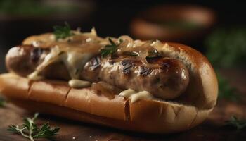 grelhado carne sanduíche com ketchup e cebola em rústico pão gerado de ai foto