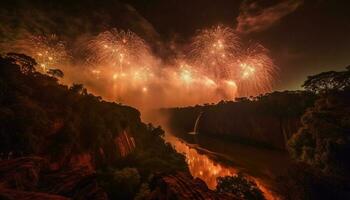 explosivo fogos de artifício luz acima a noite céu dentro vibrante cores generativo ai foto