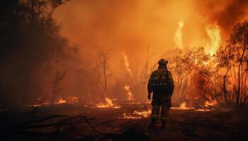 Heróis dentro protetora vestuário de trabalho extinção inferno dentro queimando floresta gerado de ai foto