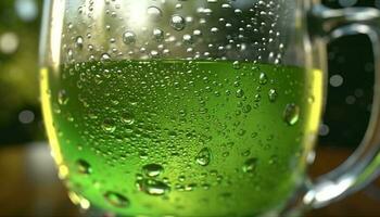 refrescante verde líquido dentro vidro, condensação e bolhas visível gerado de ai foto