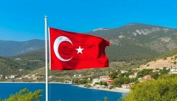 turco bandeira ondas majestosamente sobre velho montanha pico panorama gerado de ai foto