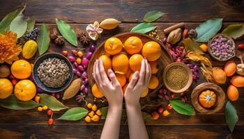 saudável mulheres cozinhando orgânico vegetariano Comida com fresco outono ingredientes gerado de ai foto