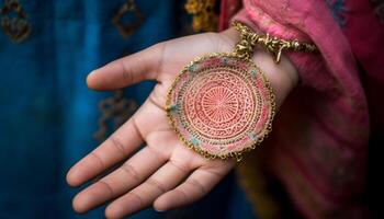 indiano noiva segurando ornamentado ouro joalheria para Casamento celebração gerado de ai foto