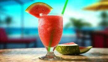 refrescante Melancia coquetel dentro uma tropical ao ar livre Barra com gourmet lanches gerado de ai foto
