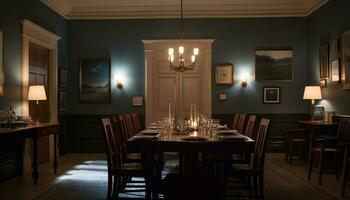 luxo jantar quarto com moderno projeto, elegante madeira cadeira, lustre gerado de ai foto