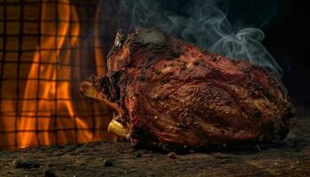 grelhado carne de porco bife, defumado e cru, cozinhou sobre natural chama gerado de ai foto