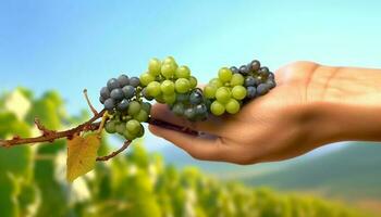 mão colheita suculento branco uvas dentro uma refrescante Vinhedo meio Ambiente gerado de ai foto