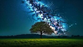 brilhando Estrela trilha ilumina Sombrio floresta dentro vibrante verão noite gerado de ai foto
