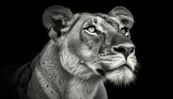 majestoso leão encarando às Câmera, em Preto fundo gerado de ai foto