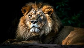 majestoso leão olhando fixamente, dentes nu, atenção dentro a região selvagem gerado de ai foto