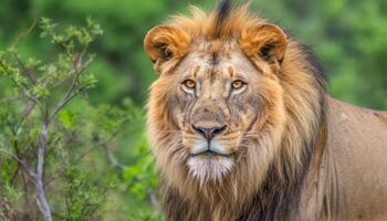 majestoso masculino leão caminhando dentro a africano região selvagem, encarando adiante gerado de ai foto