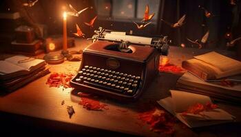 Antiguidade máquina de escrever em rústico mesa, queimando papel, nostálgico narrativa gerado de ai foto