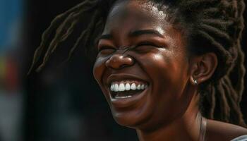 sorridente jovem africano mulher com cheio de dentes sorrir olhando às Câmera gerado de ai foto