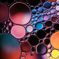 círculos de óleo multicoloridos na água, fundo colorido foto