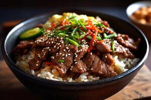 estoque foto do Bulgogi arroz tigela é uma gui fez do fino marinado fatia Comida fotografia generativo ai