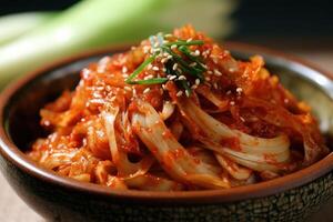 estoque foto do Kimchi é uma tradicional coreano banchan consistindo do salgado e fermentado legumes Comida fotografia generativo ai