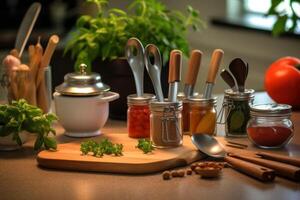 estoque foto do cozinhando alguma coisa dentro uma cozinha mesa Comida fotografia generativo ai