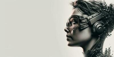 perfil retrato do robô robô ai com conectado óculos branco fundo. sintético humanóide robô, artificial inteligência.retrato do ginóide, futurista ciborgue. bandeira com espaço para texto, cópia de espaço foto
