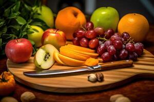 estoque foto do uma fatiamento frutas em uma corte borda mesa Comida fotografia generativo ai