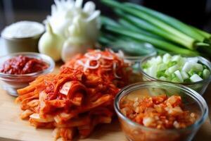 estoque foto do Kimchi é uma tradicional coreano banchan consistindo do salgado e fermentado legumes Comida fotografia generativo ai