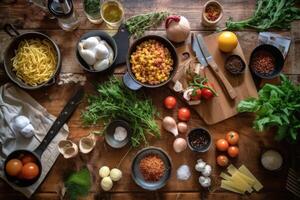 estoque foto do Comida preparação em a cozinha plano deitar fotografia generativo ai