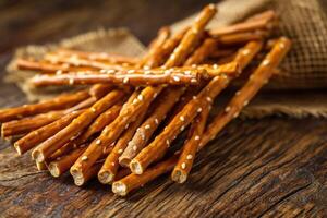 estoque foto do pretzel Gravetos ou salgadinhos dentro a cozinha mesa profissional Comida fotografia ai gerado