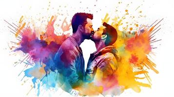 gay casal se beijando papel de parede, jovem handscome homens, aguarela pintura, ai gerado foto
