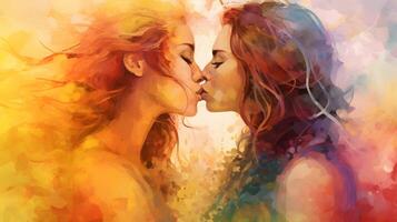 lésbica casal se beijando, lgbt, orgulho, digital pintura, ai gerado foto