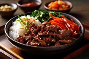 estoque foto do Bulgogi arroz tigela é uma gui fez do fino marinado fatia Comida fotografia generativo ai