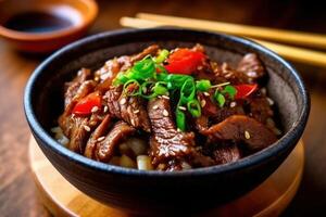 estoque foto do Bulgogi arroz tigela é uma gui fez do fino marinado fatia Comida fotografia generativo ai