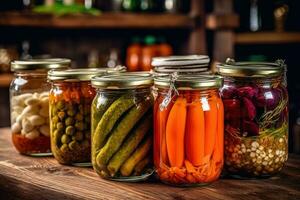 enlatado legumes dentro a cozinha mesa Comida fotografia ai gerado foto