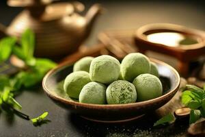 mochi verde chá dentro a cozinha mesa Comida fotografia ai gerado foto