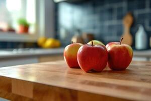 maçãs fruta dentro a cozinha mesa Comida fotografia ai gerado foto