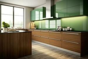 estoque foto do moderno madeira verde cozinha ultra ai gerado