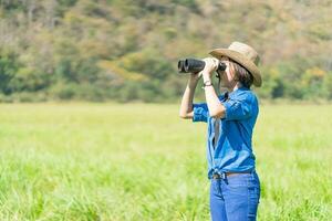 mulher usa chapéu e segura binóculo no campo de grama foto