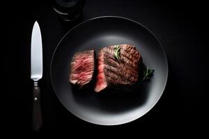 estoque foto do wagyu carne bife assado dentro prato com faca e garfo Comida fotografia generativo ai