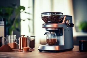 estoque foto do faço moderno moer café criador dentro a cozinha mesa Comida fotografia generativo ai