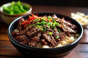 estoque foto do Bulgogi arroz tigela é uma gui fez do fino marinado fatia Comida fotografia generativo ai