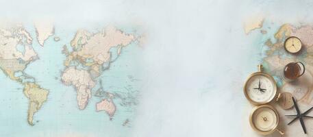 uma mapa do a mundo com uma bússola e de outros Itens criada com generativo ai tecnologia foto