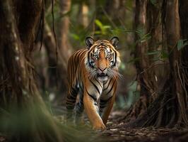 a dourado listras do a Bengala tigre dentro Sundarbans foto