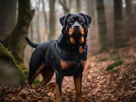 a rottweiler poder em exibição dentro uma floresta foto