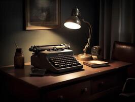 contraste do Tempo vintage máquina de escrever dentro moderno escritório foto