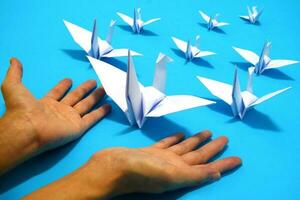 branco pássaro origami papel em azul fundo. pássaro paz, liberdade ou oportunidades conceito foto